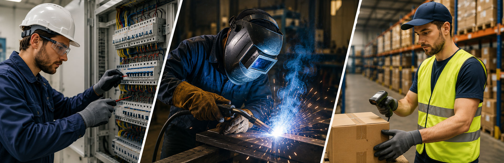 Elektriker, Schweißer und Lagerarbeiter bei der Arbeit